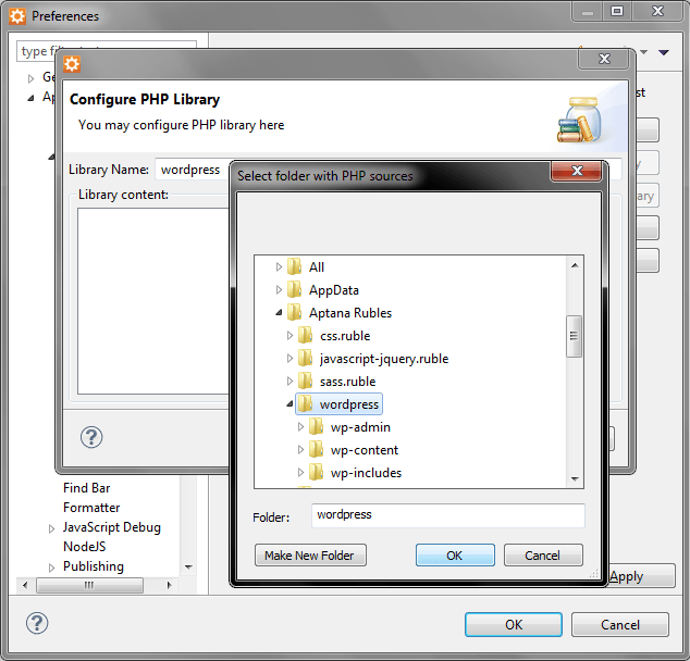 Autocomplete wordpress in aptana studio - setting library for project