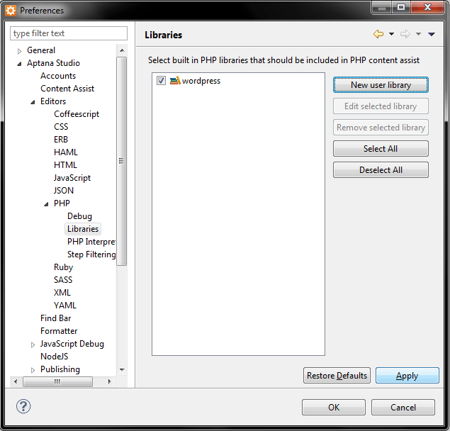 Autocomplete wordpress in aptana studio - setting library for project